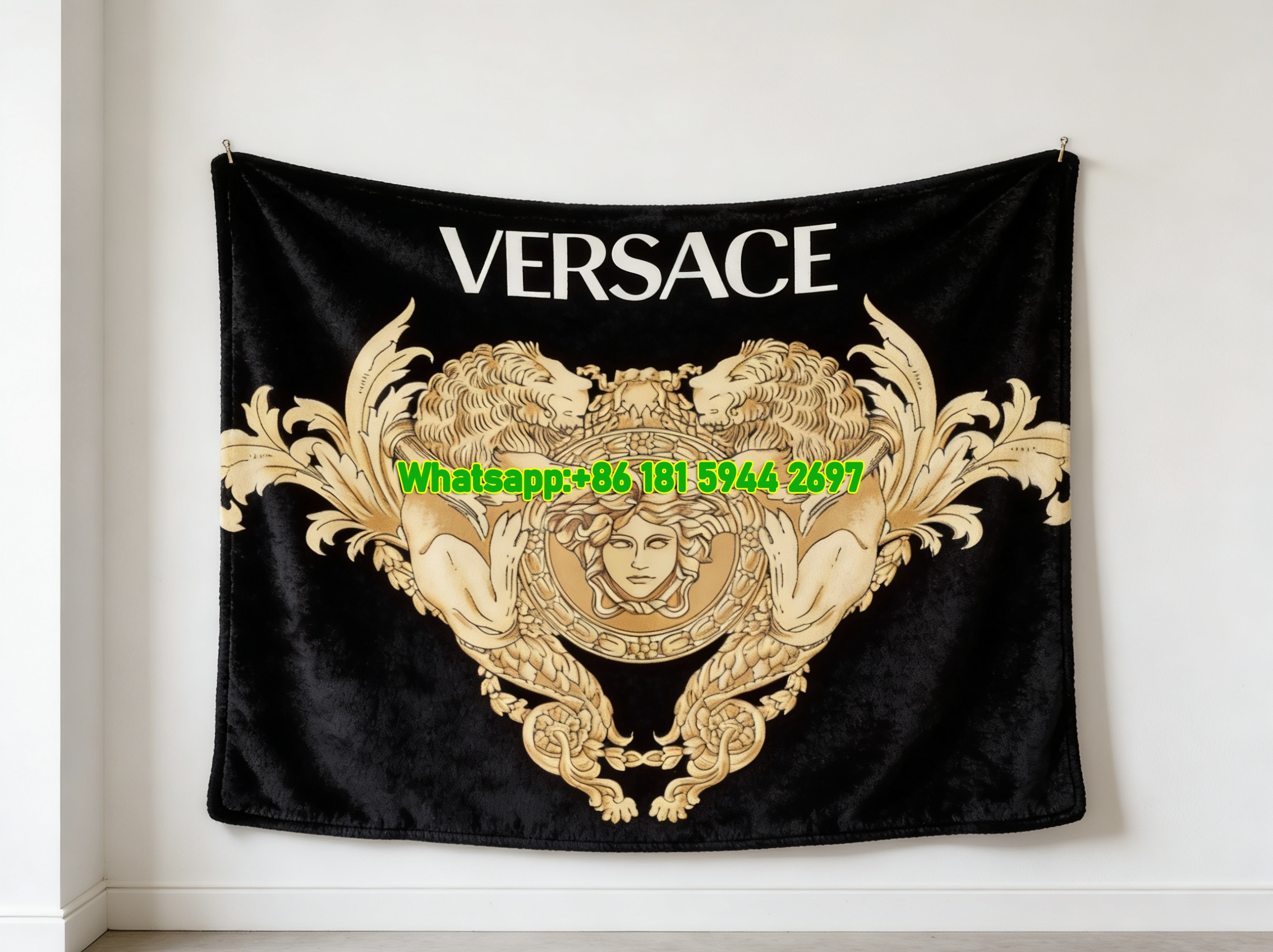 Versace Black Gold Medusa Lion Print Flannel Sofa Throw Blanket IMG_1329